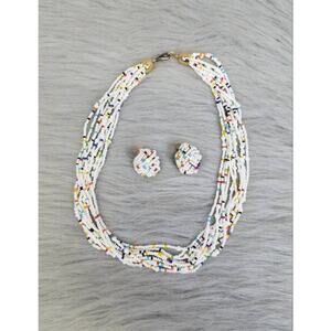 Vintage Mid Century Seed Bead Necklace and Clip On Earrings Set